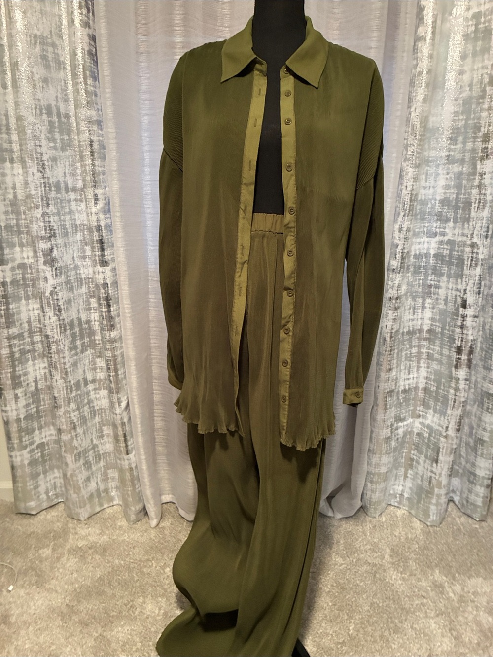 PrettyLittleThing Olive Green Button-Front Shirt and Wide-Leg Trousers Set